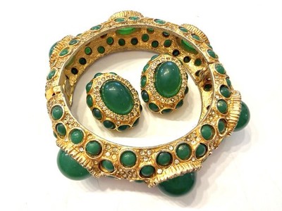 Kenneth Jay Lane KJL 1960 s Green Moghul Style Bangle Bracelet Earrings