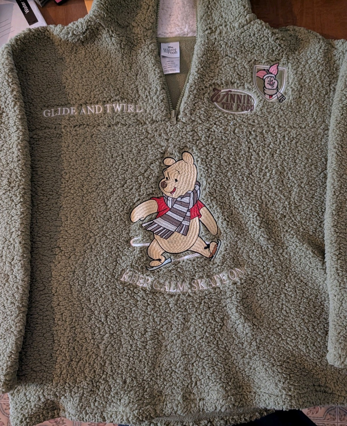 Disney Winnie the Pooh Green Sherpa Fleece Half Zip Pullover Jacket M