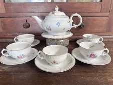 KPM GERMANY PORCELAIN COFFEE/ TEA SET PINK & BLUE FLOWERS 13 Pc Antoinette Roses