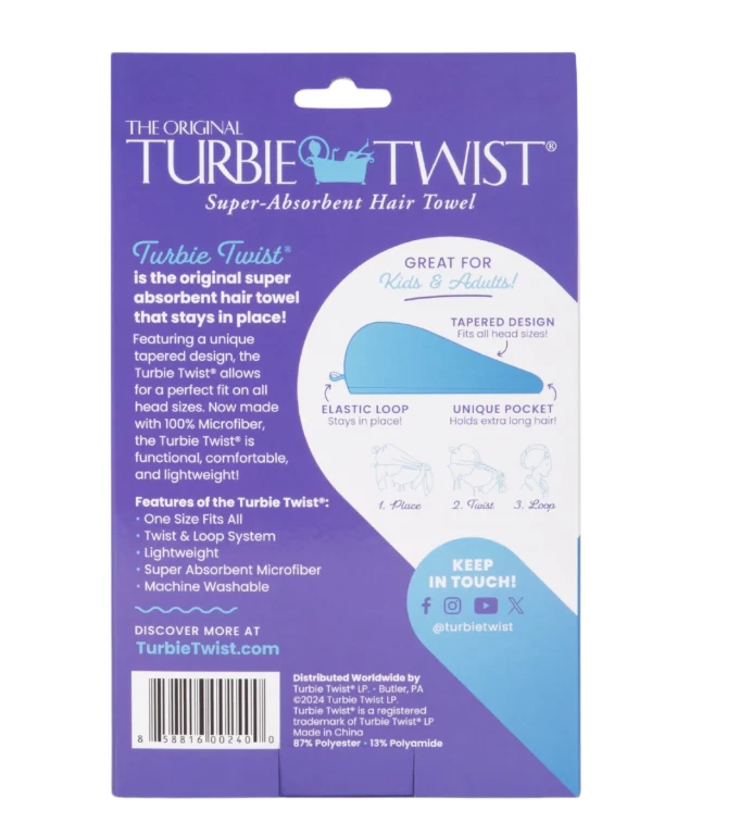 Turbie Twist Microfiber Hair Towel, Kids and Adults, Peacock Blue Free Shipping. - Image 3 of 4
