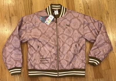 PUMA スカジャン　希少　ブラウン×ゴールド×ピンク　ボンバージャケットY2K PUMA Year of the Snake Bomber Jacket pink Snake skin pattern Size