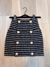 BALMAIN Womens Skirt XS Black White Tweed Elegant Tight Fit Gold Tone