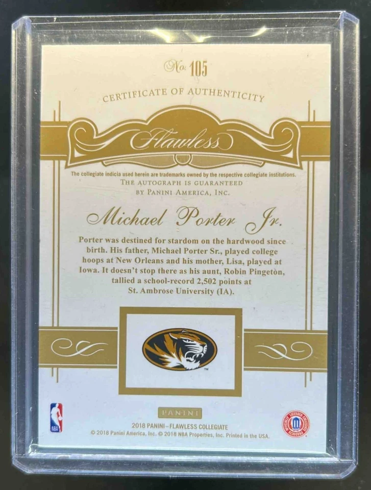 2018-19 Panini Flawless Collegiate Michael Porter Jr. Rookie Auto RC #4/25 - Image 2 of 2