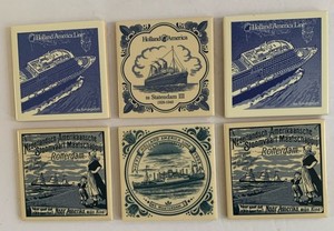 (6) VTG Holland America Line Cruise Blue Delft Tile Coaster Ceramic Cork 4" READ