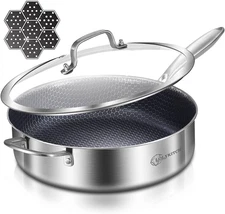 Tri-Ply Hybrid Stainless Steel 6 Quart Deep Saute Pan, Frying Pan with Lid in Ho