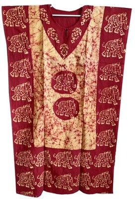 Womens Long Kaftan Elephant Print  Yellow Red Cotton Batik Lounger Wear