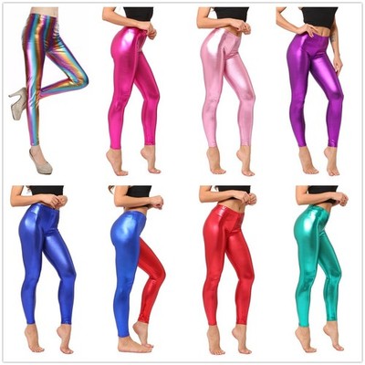 Women's Elastic Shiny Metallic Leggings Shining Neon Smooth Bright Pencil Pants