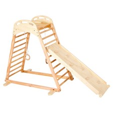 4-in-1 Wooden Indoor Playground Climber with Slide, Ladder, Rings for Kids