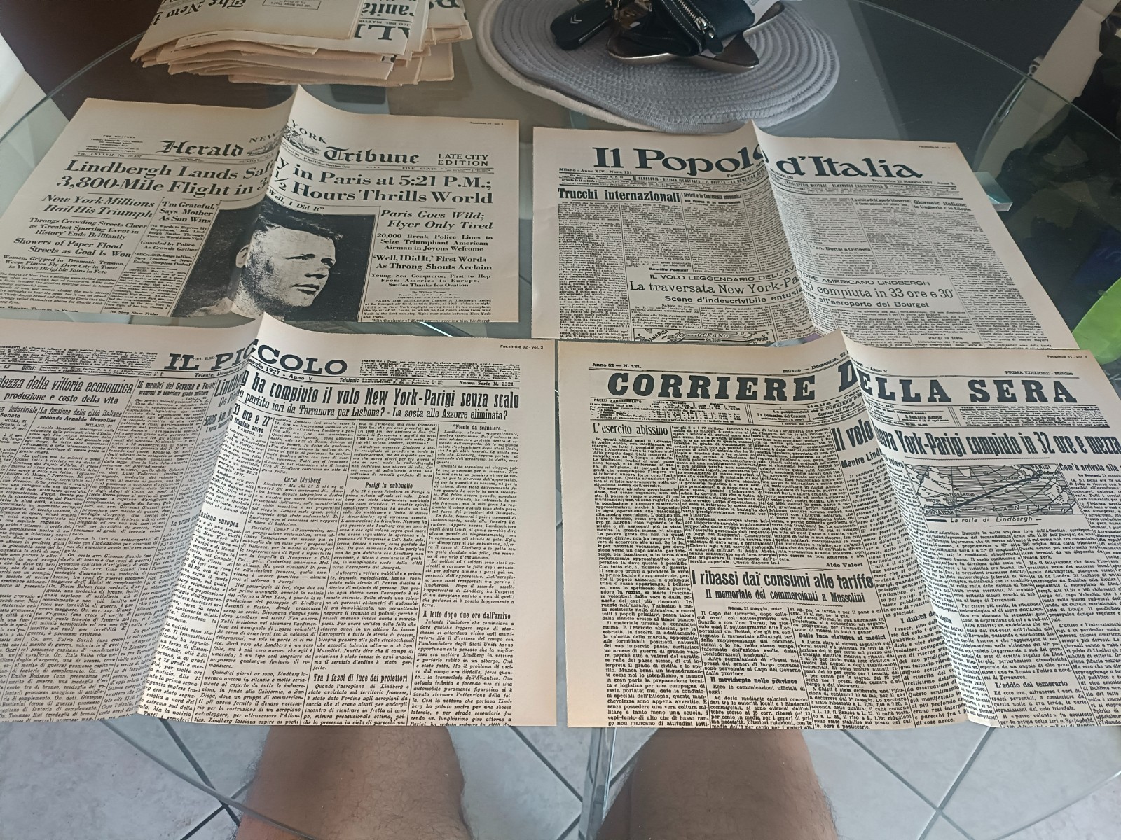 4 RIPRODUZIONI COPIE PRIME PAGINE GIORNALI LINDBERGH TRASVOLATA ATLANTICO 1927