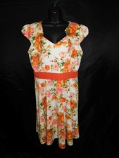 Vtg Y2K Yellow Star XL White Orange Floral Midi Dress Stretch Knit Cottage Core