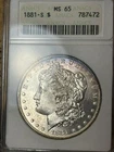 1881-S ANACS MS65 Morgan Dollar, Stunning Violet Toned Gem, Vintage Soapbox PQ!