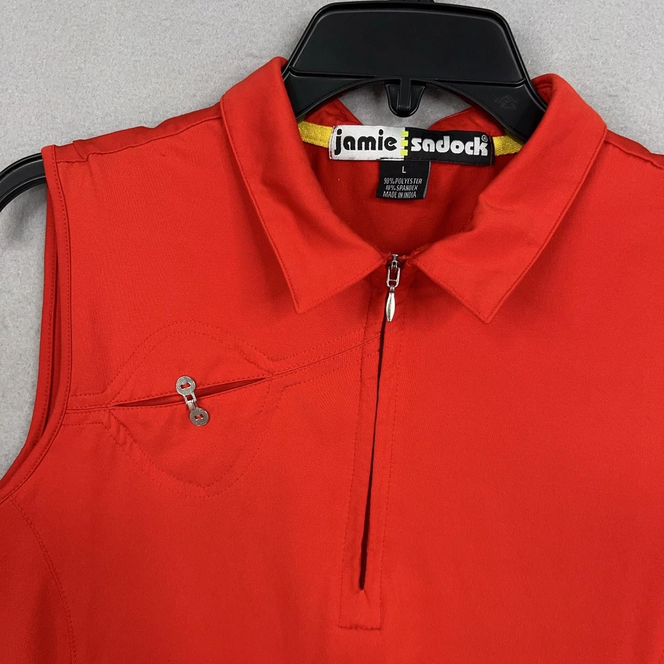Camisa polo Jamie Sadock para mujer grande roja sin mangas cuarto cremallera golf elástica Foto 4 de 4