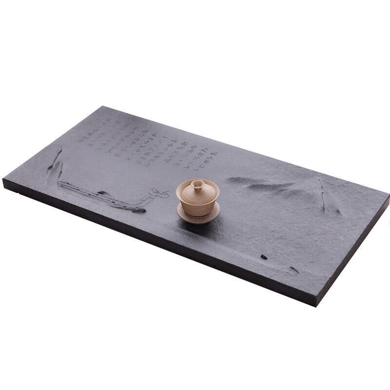Boutique Black Stone Tea Tray Hand Embossed Mountain River Poem Carved Table New - Image 2 of 4