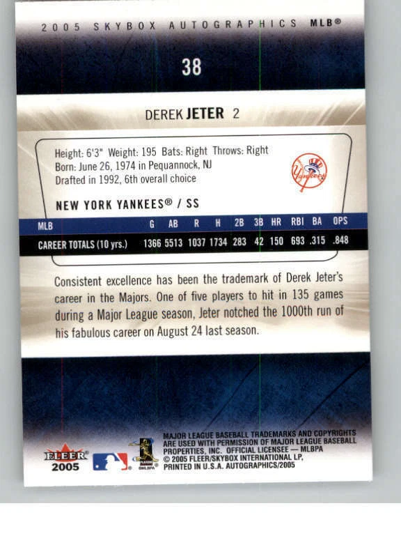 2005 SkyBox Autographics #38 Derek Jeter (ref 145282) - Image 2 of 2