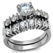 Silver ring set set wedding band engagement stainless steel cubic zirconias