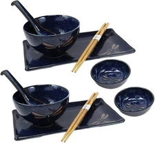 Japanese Mino Ware Dragonfly Pair Blue Porcelain Sushi Dinnerware 10pc Set For 2