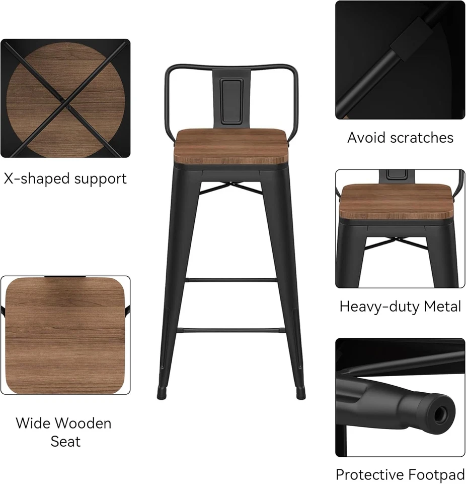 Taburete de mostrador de metal con respaldo bajo de 24" altura taburetes de bar con asiento de madera [Juego de 4] B Foto 4 de 4