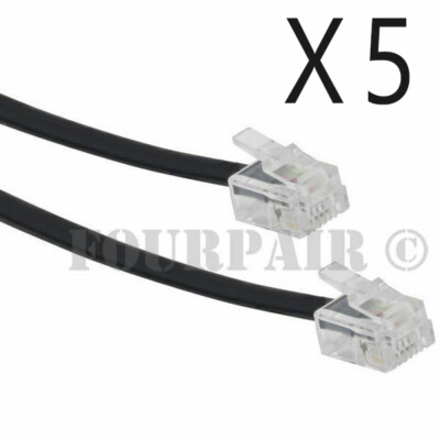5 Pack Lot - 100ft Telephone Line Cord Cable 6P4C RJ11 DSL Modem Fax Phone Black