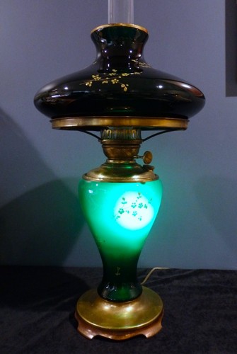Antique Pittsburgh Success Green & Gold Enameled Glass Converted Dr's Oil Lamp - Picture 7 of 21
