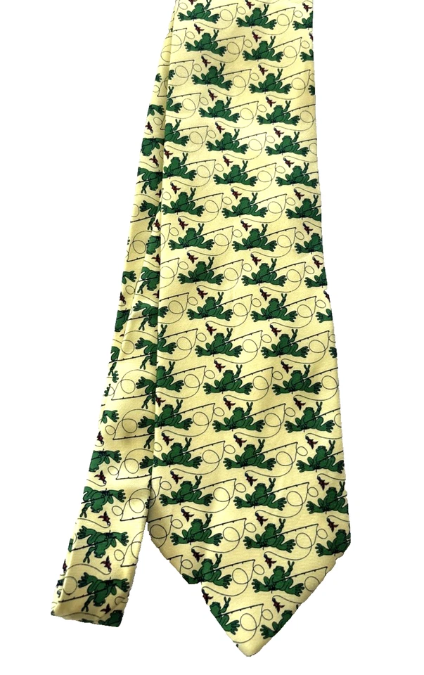 Corbata Peace Frogs para hombre 100 % seda ranas verdes están pescando en amarillo 58x4" Foto 4 de 4