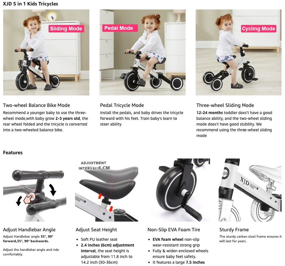 Adjustable Kids Tricycles with Removable Pedal Easy Assembly Fun