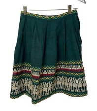 VTG 60s/70s Mexican Folk Pleated Reindeer Embroidered Skirt Green Sz 2 / 26
