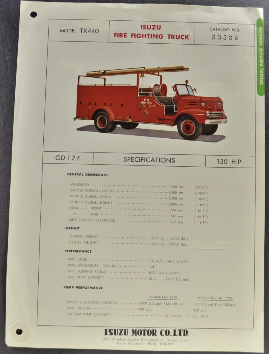 1961 1962 1963 1964 Isuzu Fire Truck Brochure Sheet Nice Orig