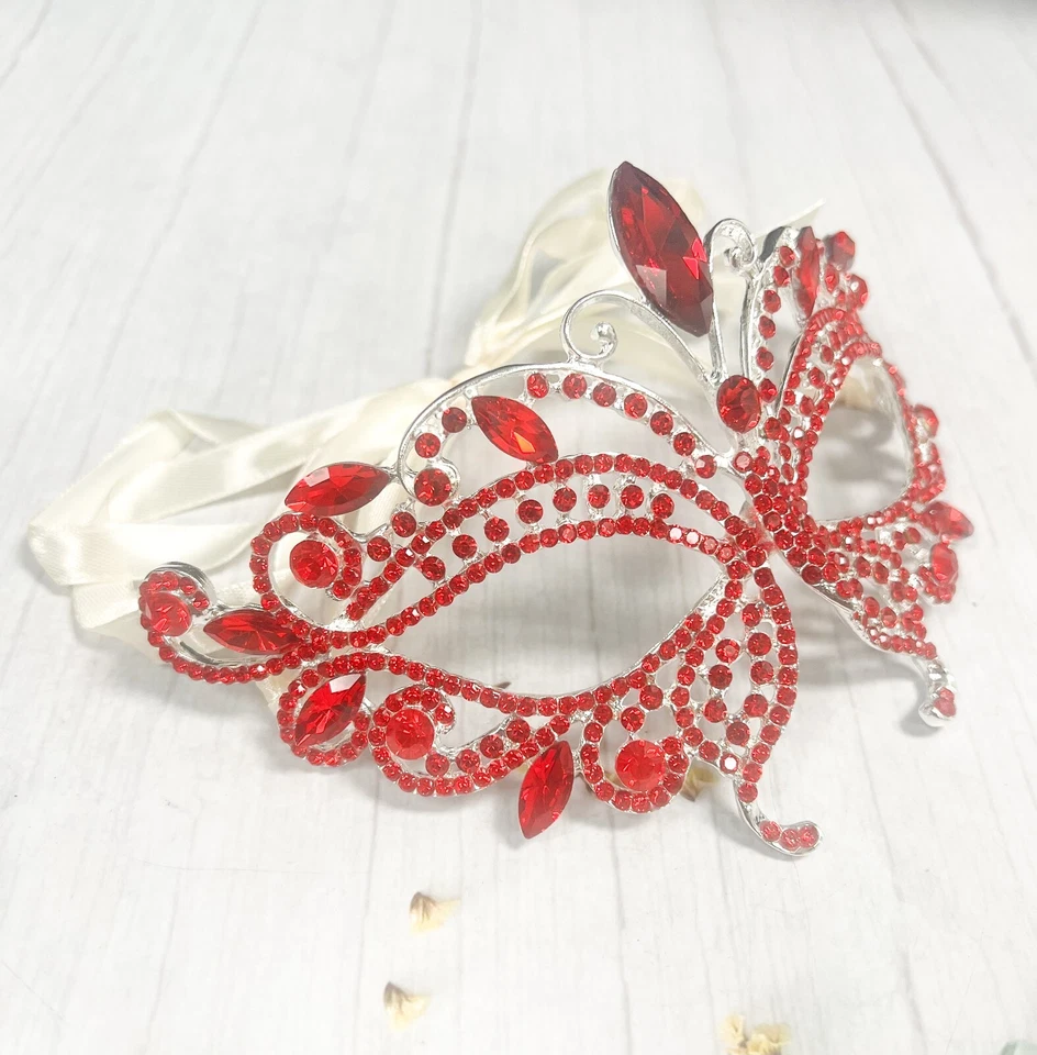 Butterfly Red Masquerade Mask, Wedding Party Silver Eye Mask, Prom Party Mask - Image 4 of 4