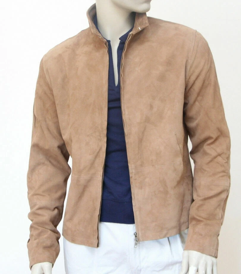 Men's Beige Real Suede Leather Trucker Jacket Western Style Zipped Coat