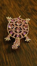 Gold Pink Metal Turtle Brooch Pin Rhinestone Round Stone Theme Animals Jewelry