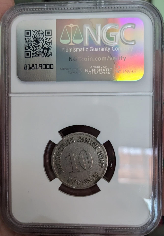 1890–1916 Germany 10 Pfennig WWI Wilhelm II – NGC Genuine Slabbed WWI - 1907 G - Image 2 of 2