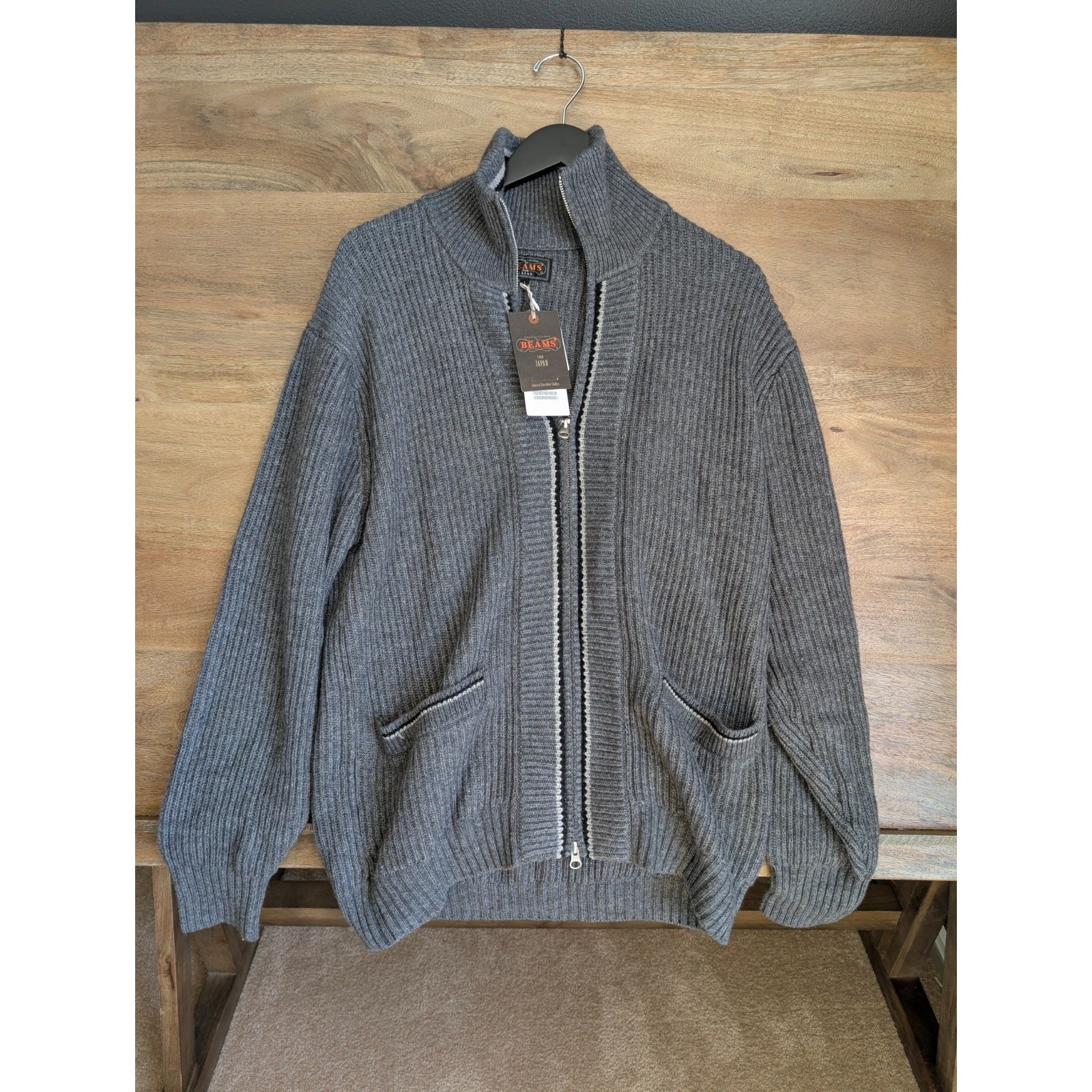 Beams Plus Cardigan Sweater Mens L Gray Knit Oversized Long Sleeve Full Zip NWT