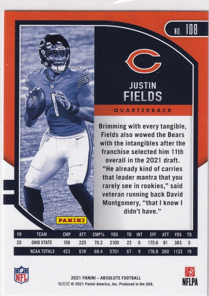2021 Panini Absolute Justin Fields RC Retail Rookie #108 Chicago Bears NFL - Image 2 of 2