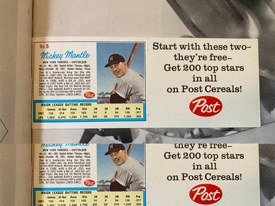 LIFE April 13, 1962 Mickey Mantle/ Roger Maris Post Cereal Baseball Card Insert