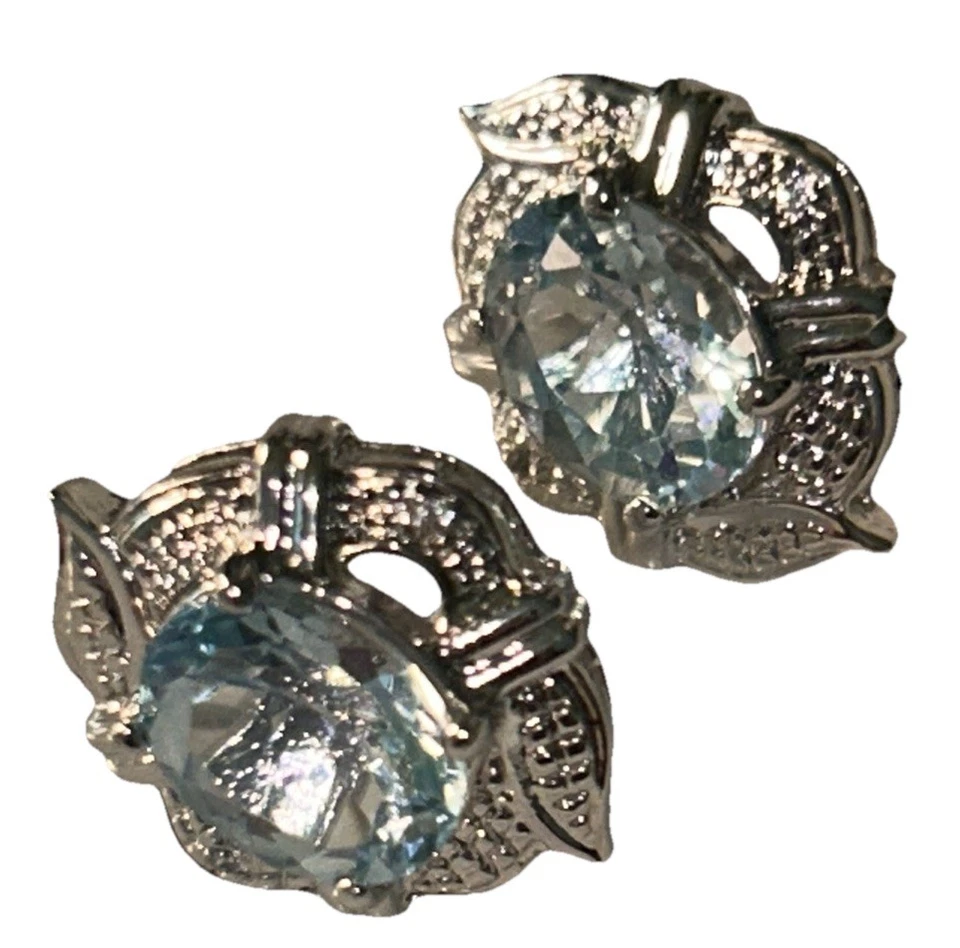 优雅镀铑正品蓝色黄玉和 CZ 耳钉椭圆形,全新带盒 — 第 2/4 张图片