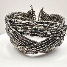 Vintage 90s Silver Tone Multi-Strand Beaded Wide Cuff Bracelet Women's Jewelry