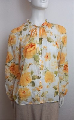 MANGO Bluse Shirt Gelbt Weiß Blumen 100% BAumwolle Langarm 38 40