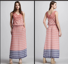 Diane Von Furstenberg Sz 8 Long Blue Coral 100% Silk Maxi Dress/ See Details