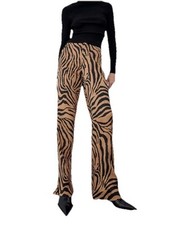 Zara Wide Leg Zebra Black  Brown Print Summer Silky Trouser Pants Size Large
