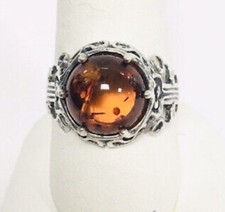 Vintage Stamped Amber Stone Sterling Silver Filigree Ring