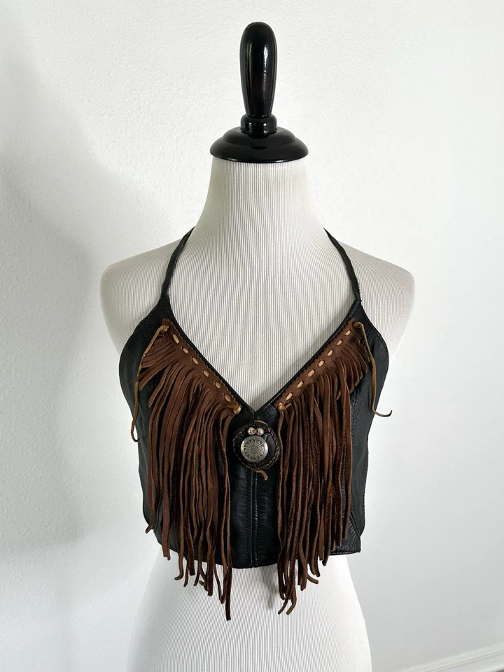Top corto vintage de cuero con flecos atado trasero negro festival de motociclista vaquera OS Foto 2 de 4