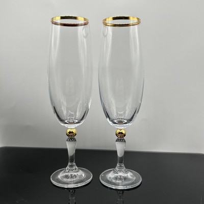 Bohemia Crystal- Crystalex Champagne Glasses Gold Rim, Gold Ball on Stem 8  (2)