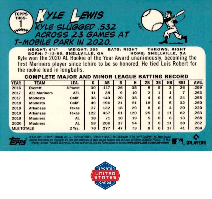 2021 Topps #TH65-1 Kyle Lewis 1965 Topps Redux Chrome - Image 2 of 2