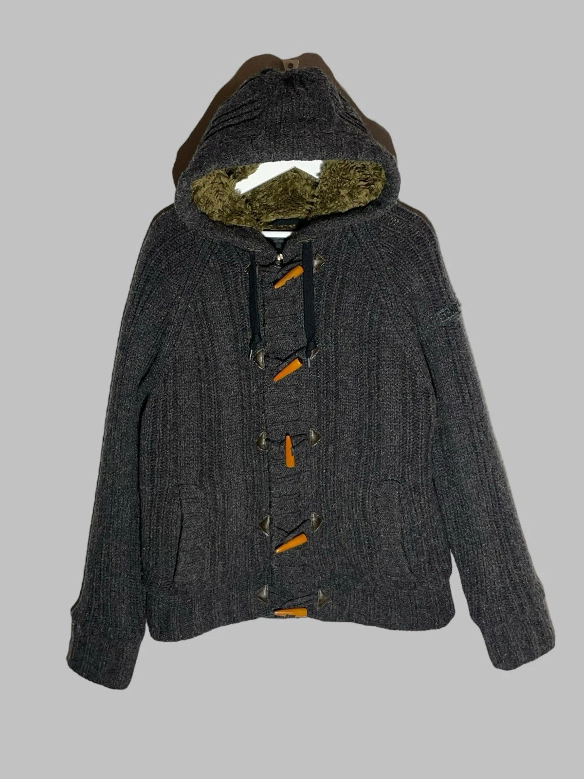 Schott USA Duffle Fireman Toggle Grey Cardigan Wool Warm Jacket Fur Lined Size L
