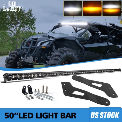 For Can-am Maverick X3 Slim Roof 50'' Strobe LED Light Bar White Yellow Brackets
