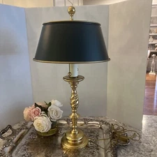 Barley Twist Brass Candlestick Style 2-Light Table Lamp & Tole Green Shade 24"