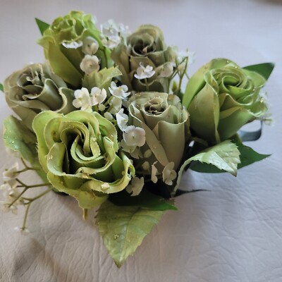 2 Kunstblumen Stumpenkerzenringe grüne Rose mit Tau Weihnachten Hochzeit