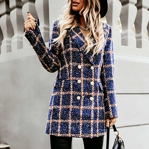 Women's Stylish Check Print Wool Blazer Coat Ladies Long Sleeve Collared Jacket - Picture 41 of 52