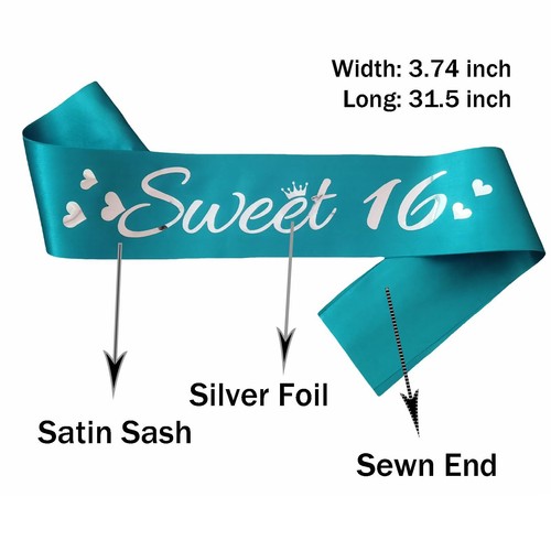Sweet 16 Sash Teal Blue Silver Foil Birthday Sash for 16th Funny Birthday Par... - Picture 2 of 5