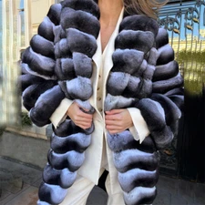Elegant Women Real Rex Rabbit Fur Coat Chinchilla Fur Outwear Natural Fur Jacket